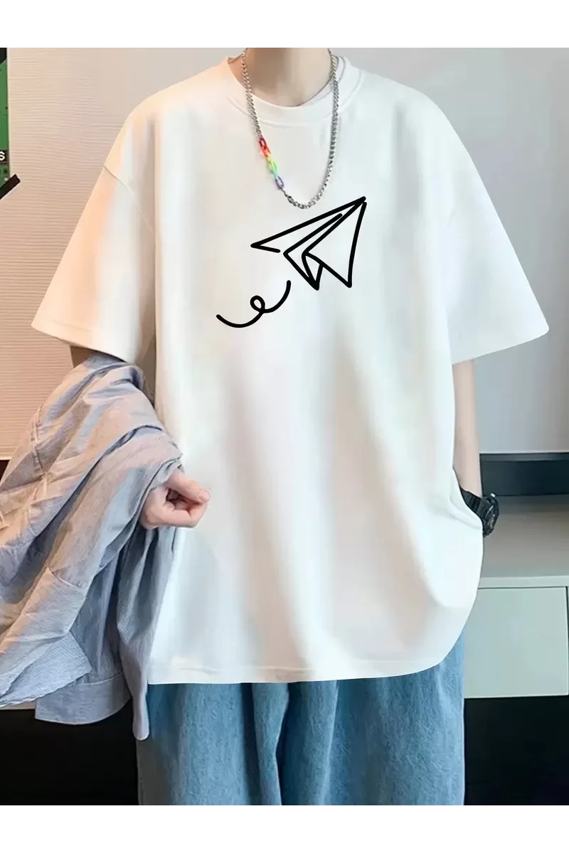 Oversize Bisiklet Yaka Uçak Baskılı T-Shirt - Beyaz