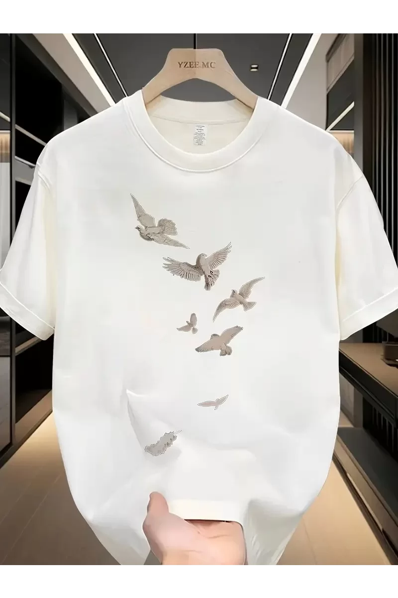 Oversize Bisiklet Yaka Özgür Kuşlar Baskılı T-Shirt - Beyaz
