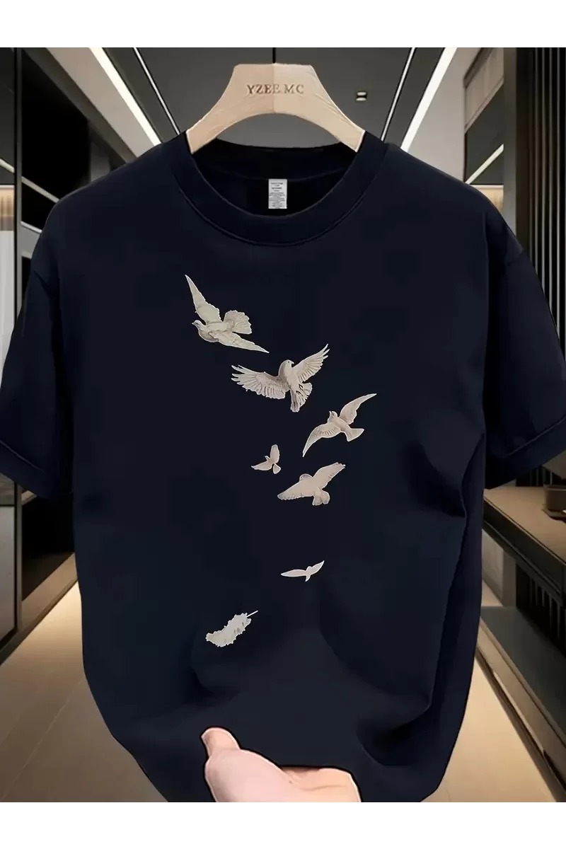 Oversize Bisiklet Yaka Özgür Kuşlar Baskılı T-Shirt - Siyah