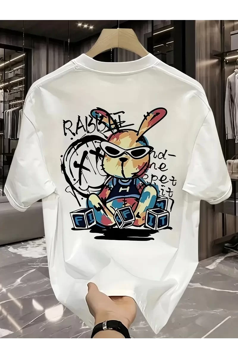 Oversize Güneş Gözlüğü Grafikli Karikatür Tavşan T-Shirt - Beyaz