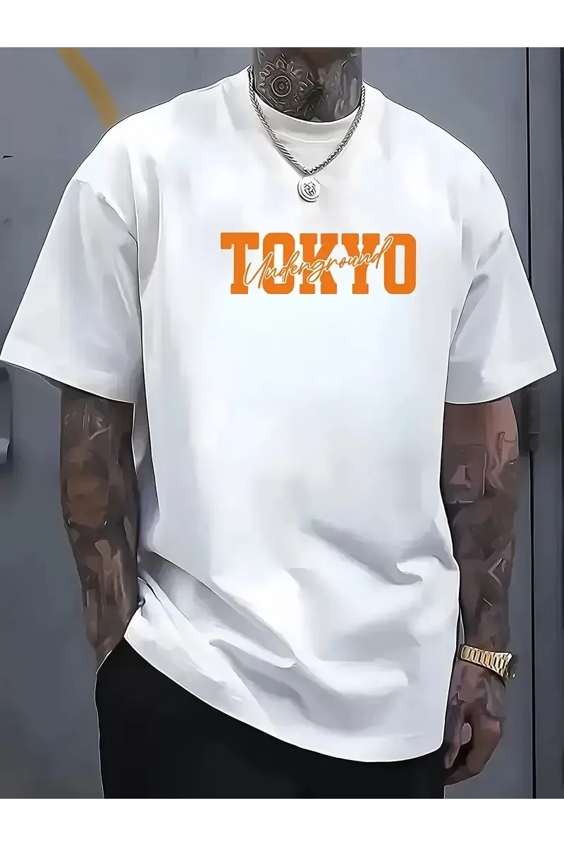 Oversize Spor Araba Grafik T-Shirt Tokyo Baskılı - Beyaz