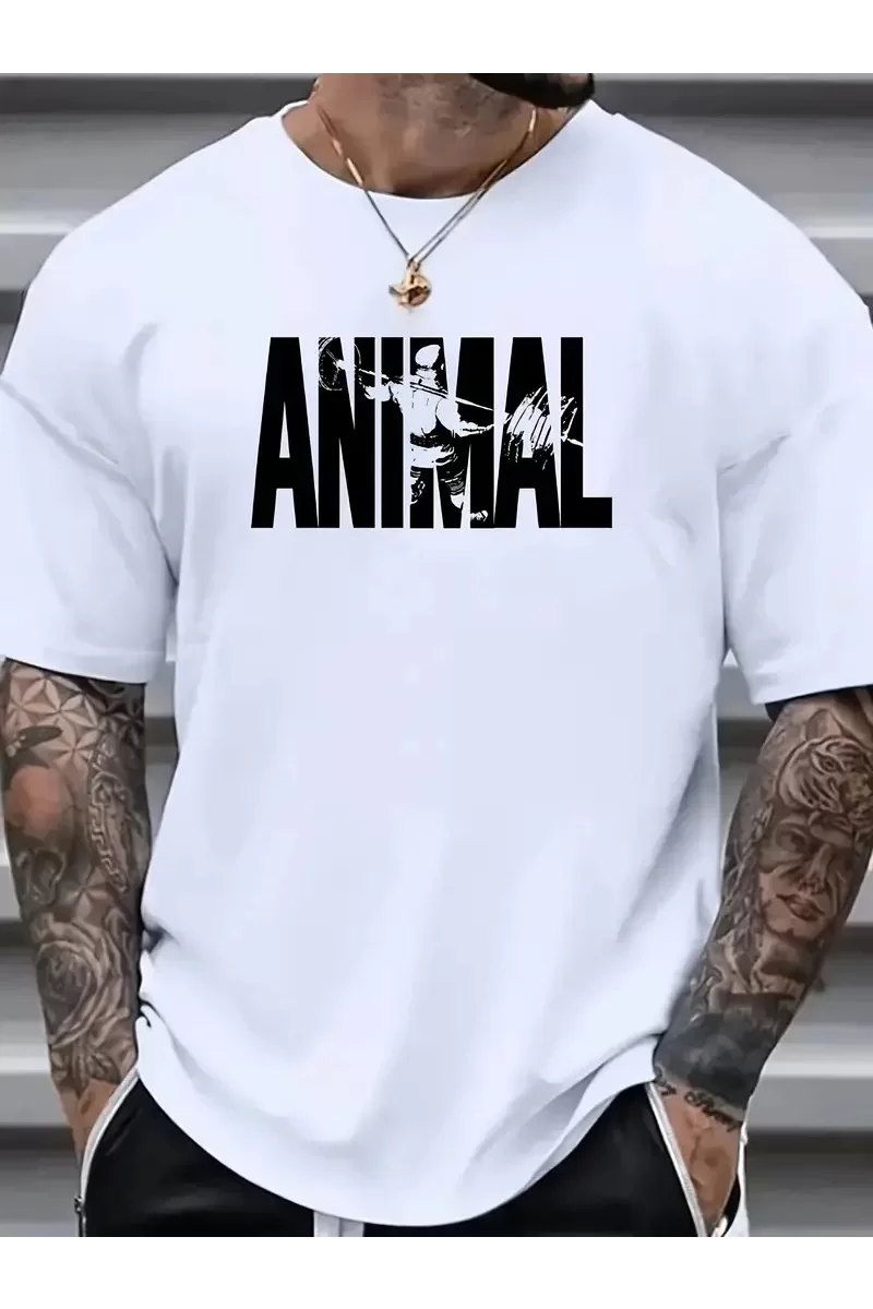 Animal Desen Baskı Oversize Grafik T-Shirt - Beyaz