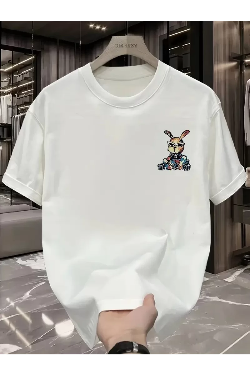 Oversize Güneş Gözlüğü Grafikli Karikatür Tavşan T-Shirt - Beyaz