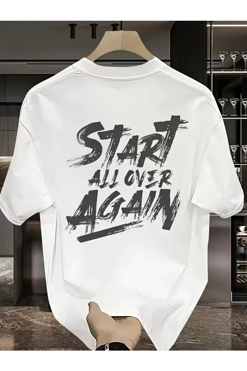 Oversize Bisiklet Yaka Start All Over Baskılı T-Shirt - Beyaz