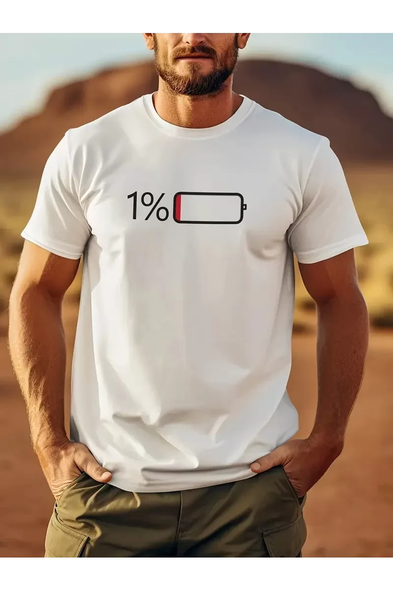 Oversize Bisiklet Yaka Sarj %1 Baskılı T-Shirt - Beyaz