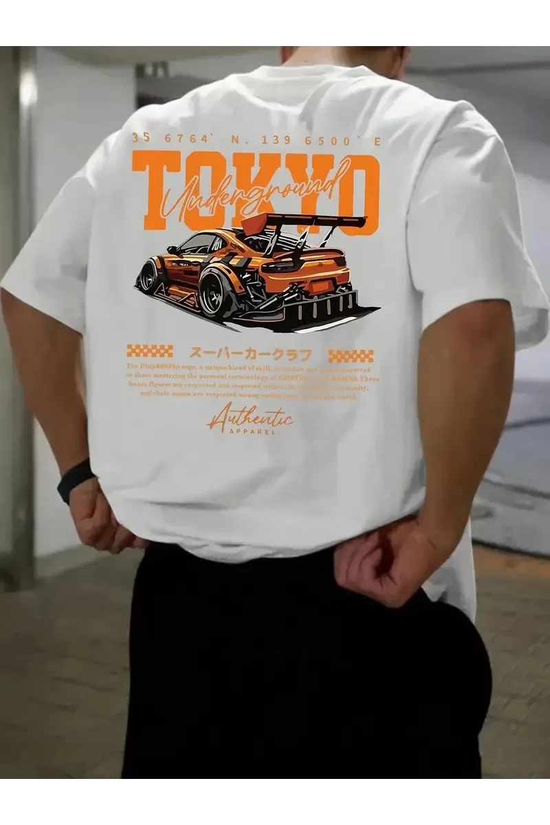 Oversize Spor Araba Grafik T-Shirt Tokyo Baskılı - Beyaz