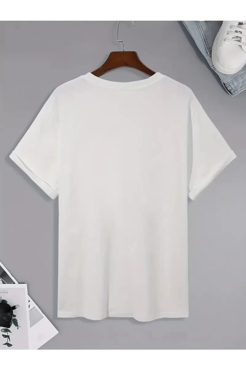 Oversize Bisiklet Yaka Uçak Baskılı T-Shirt - Beyaz
