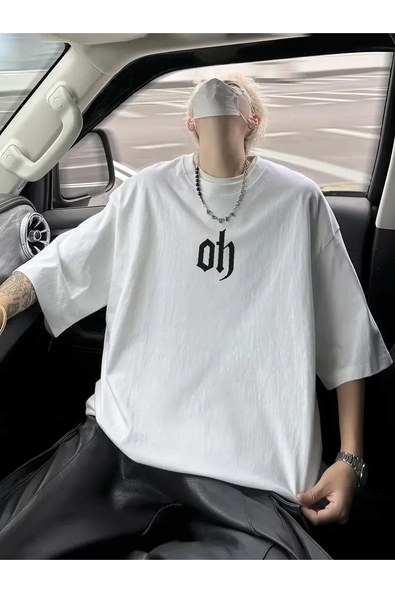 Oversize Baskı Grafik T-Shirt - Beyaz