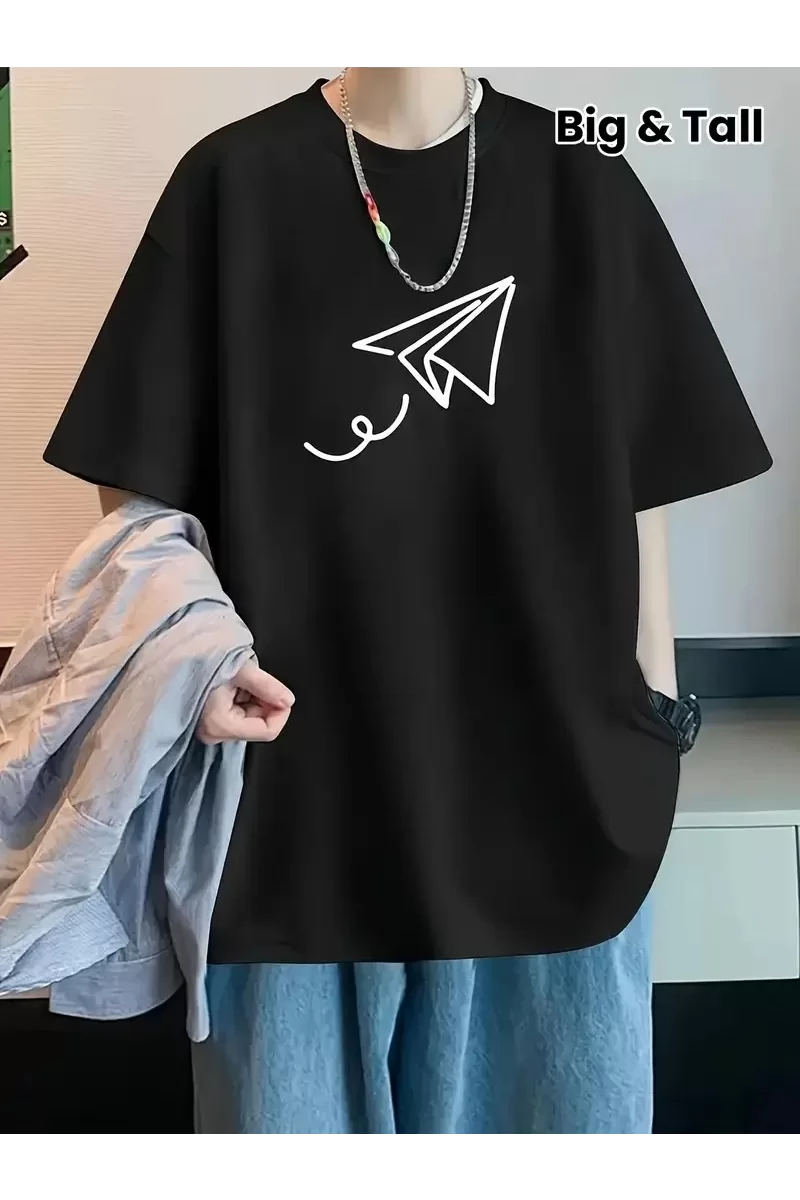 Oversize Bisiklet Yaka Uçak Baskılı T-Shirt - Siyah