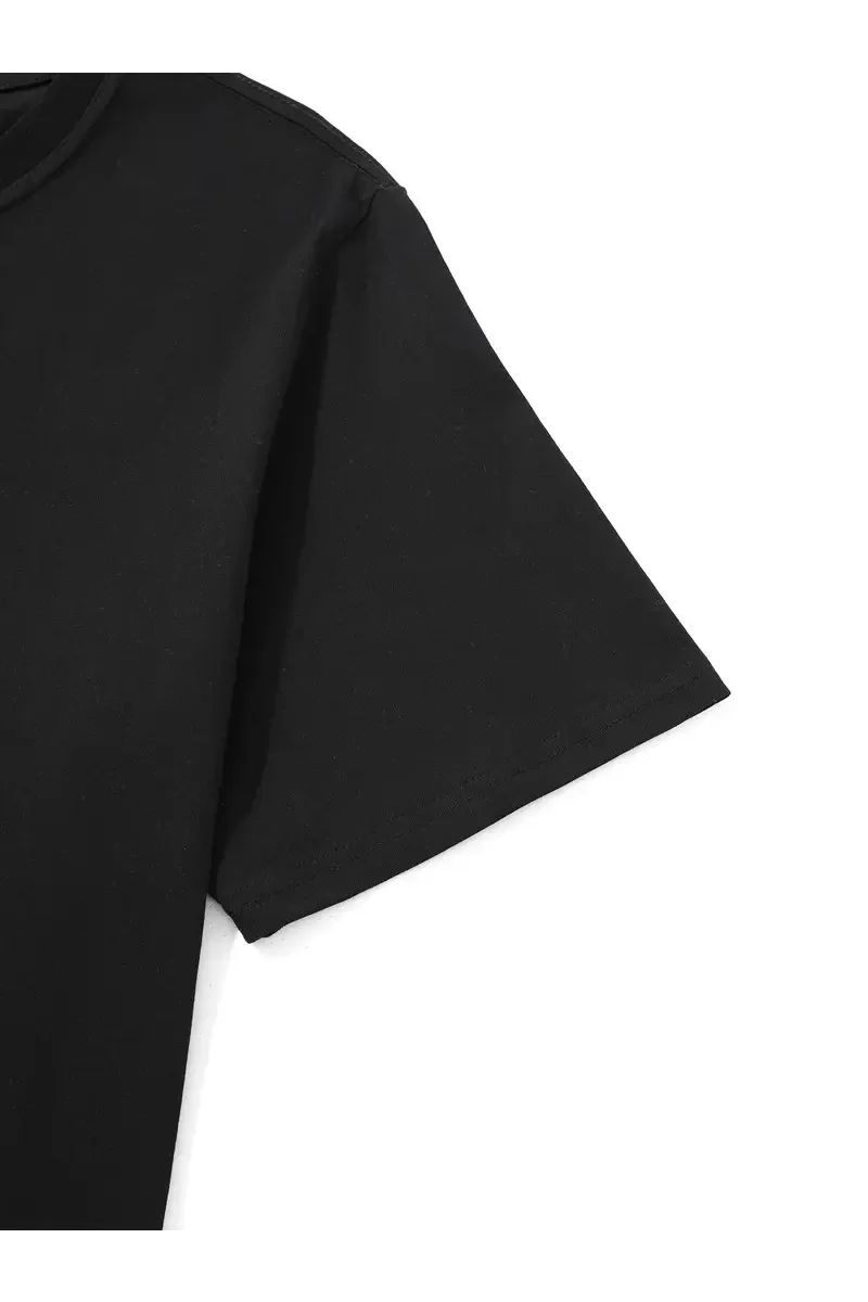 Oversize Bisiklet Yaka Uçak Baskılı T-Shirt - Siyah