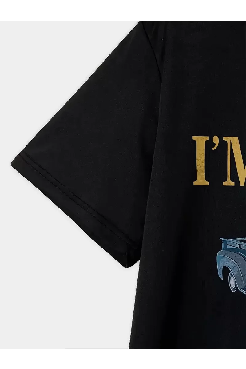 Oversize Vintage Araba Grafik T-Shirt - Siyah