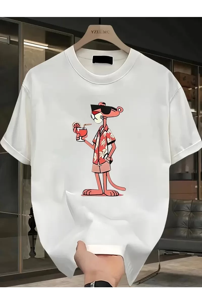 Oversize Pembe Panter Baskılı T-Shirt - Beyaz