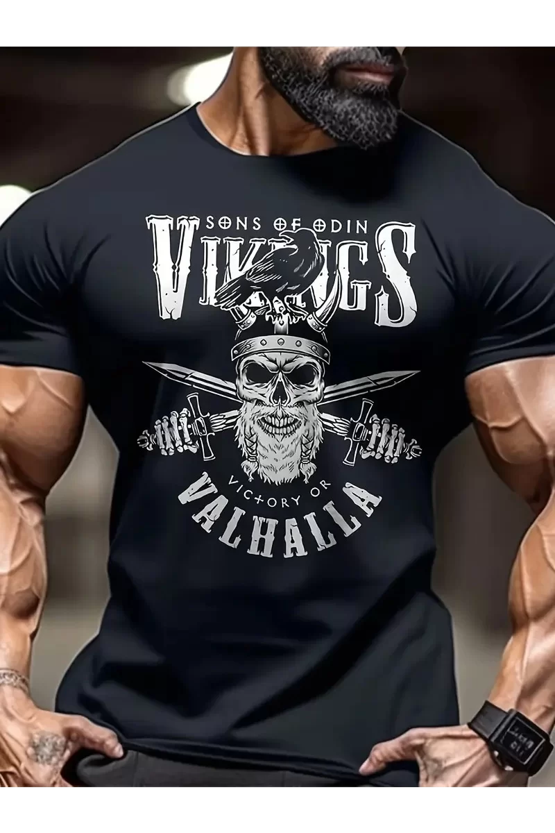 Oversize Bisiklet Yaka Vikings Valhalla Baskılı T-Shirt - Siyah