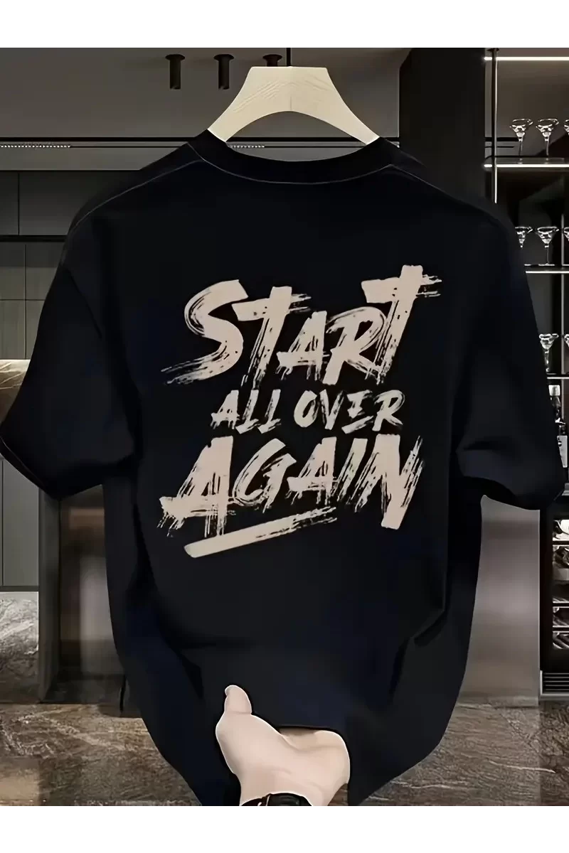 Oversize Bisiklet Yaka Start All Over Baskılı T-Shirt - Siyah