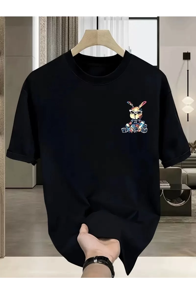 Oversize Güneş Gözlüğü Grafikli Karikatür Tavşan T-Shirt - Siyah