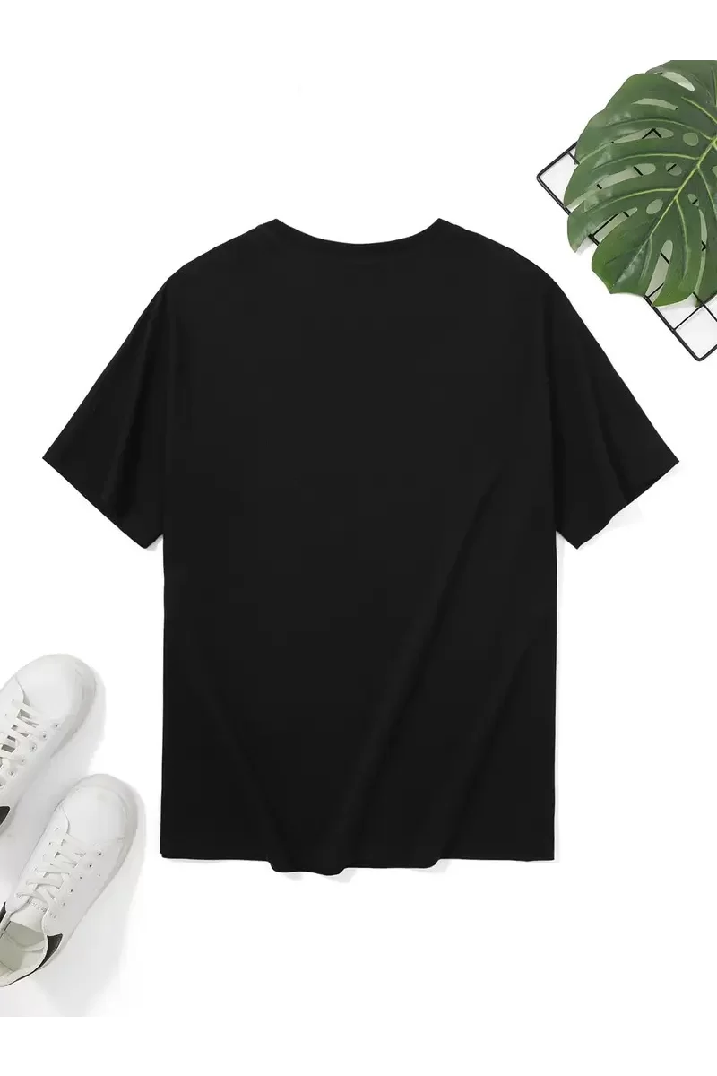 Oversize Bisiklet Yaka Uçak Baskılı T-Shirt - Siyah
