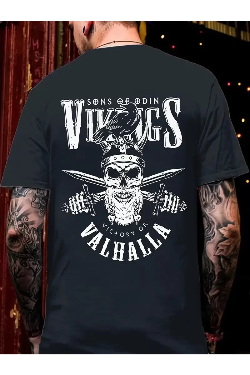 Oversize Bisiklet Yaka Vikings Valhalla Baskılı T-Shirt - Siyah