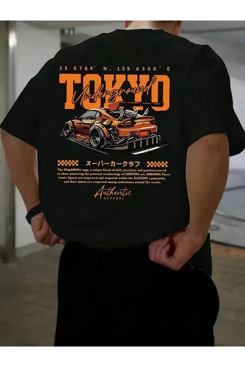 Oversize Spor Araba Grafik T-Shirt Tokyo Baskılı - Siyah