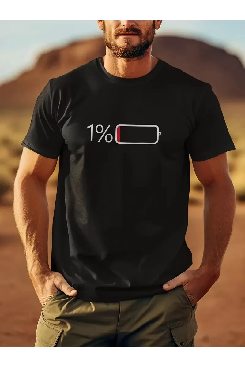 Oversize Bisiklet Yaka Sarj %1 Baskılı T-Shirt - Siyah