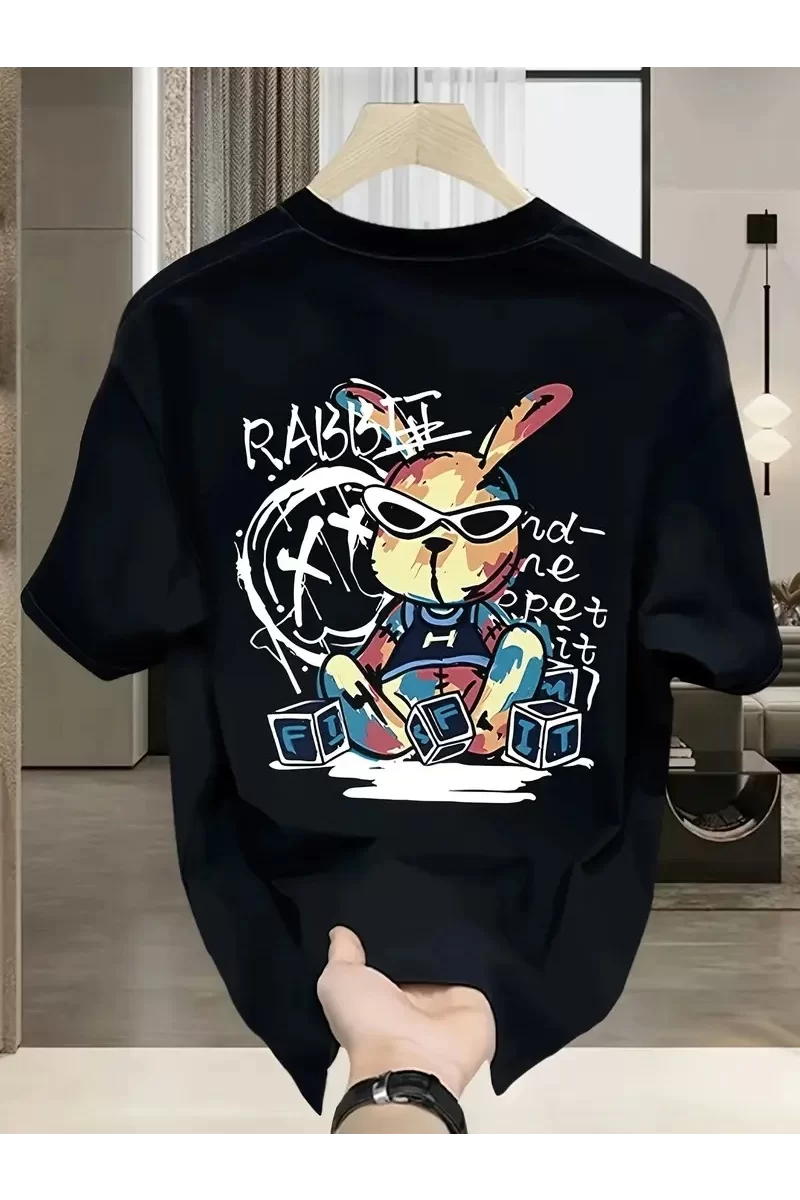 Oversize Güneş Gözlüğü Grafikli Karikatür Tavşan T-Shirt - Siyah