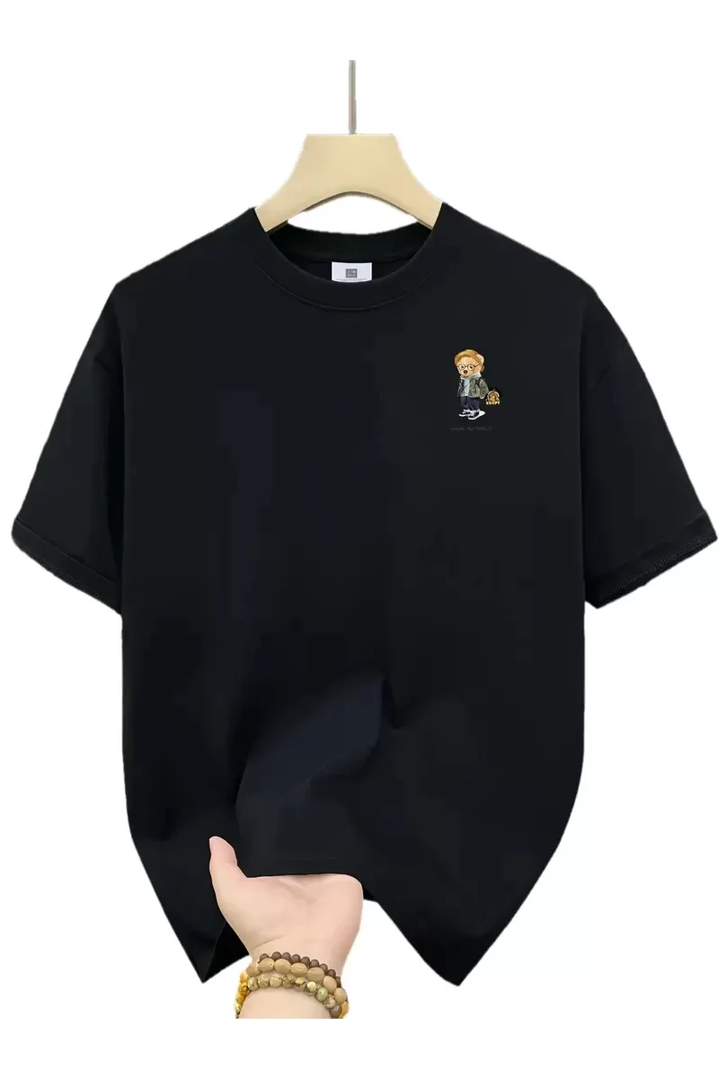 Oversize Bisiklet Yaka Gözlüklü Ayı Baskılı T-Shirt - Siyah