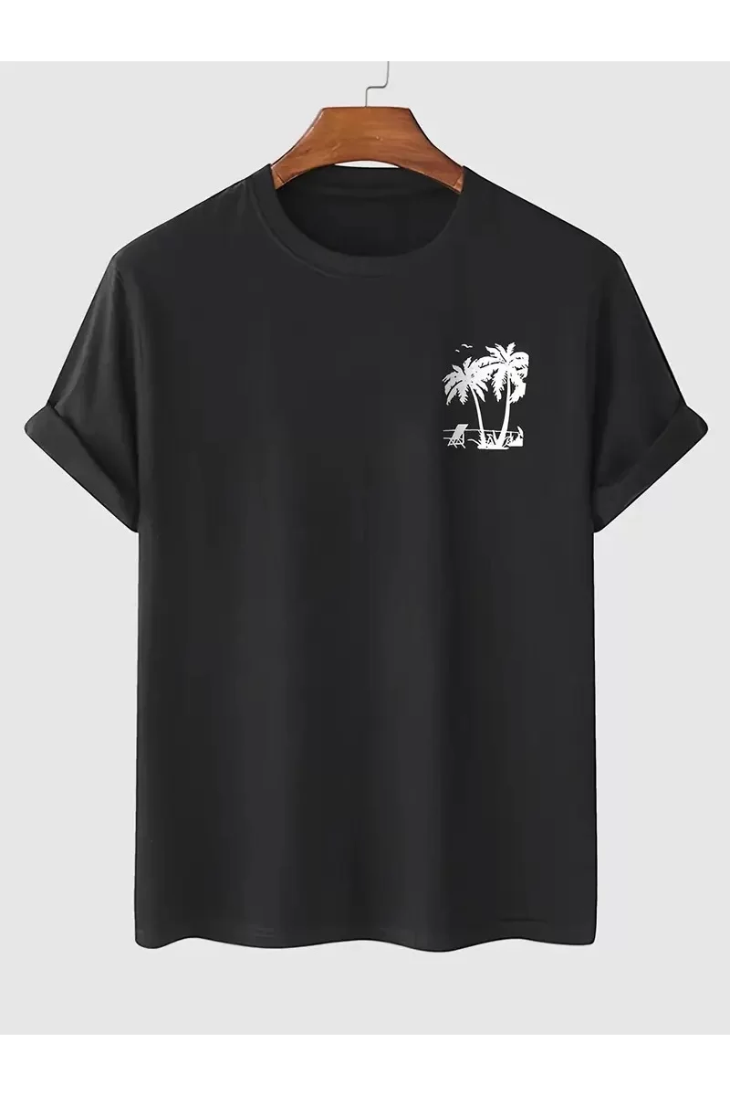 Oversize Bisiklet Yaka Palmiye Ön Baskılı T-Shirt - Siyah
