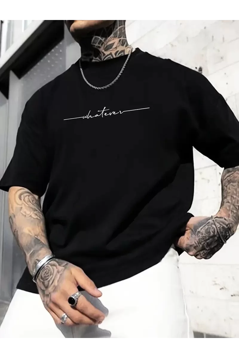 Büyük Beden Whatever Baskılı Oversize T-Shirt - Siyah