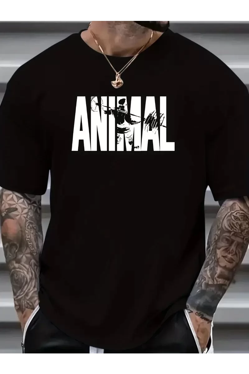 Animal Desen Baskı Oversize Grafik T-Shirt - Siyah
