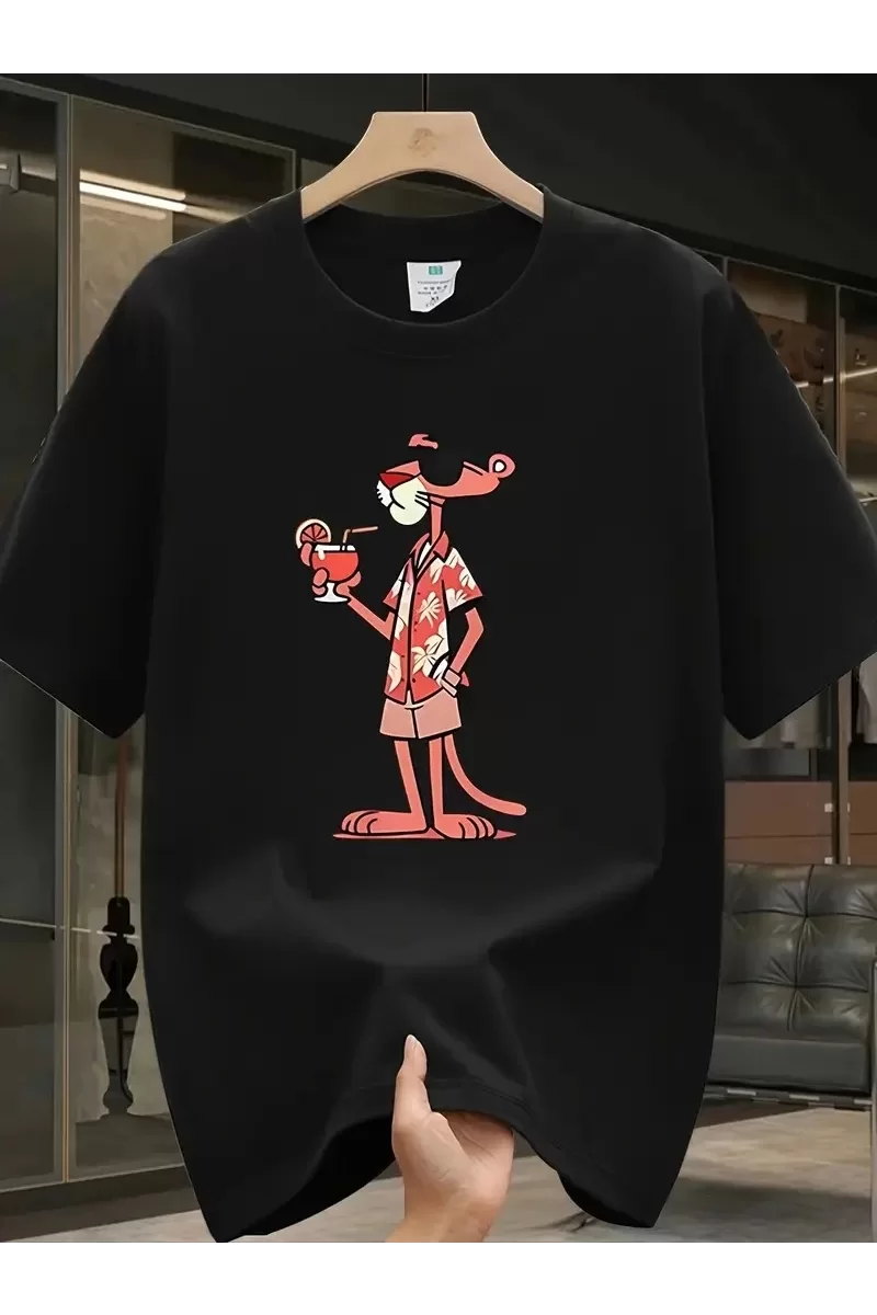 Oversize Pembe Panter Baskılı T-Shirt - Siyah