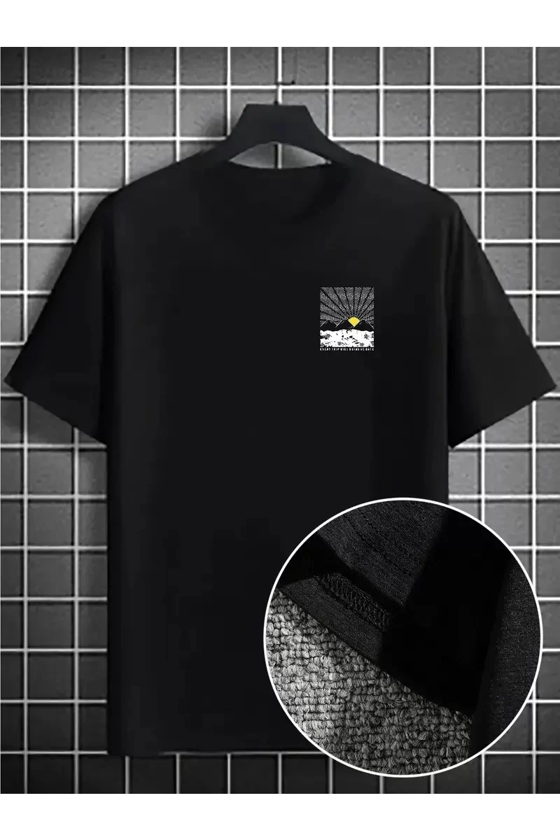 Büyük Beden Dağ Grafikli T-Shirt - Siyah