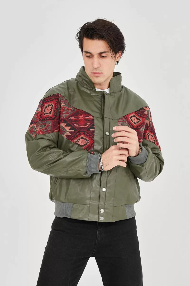 İçi Astarlı Peluş Yaka Vintage Ceket - Haki