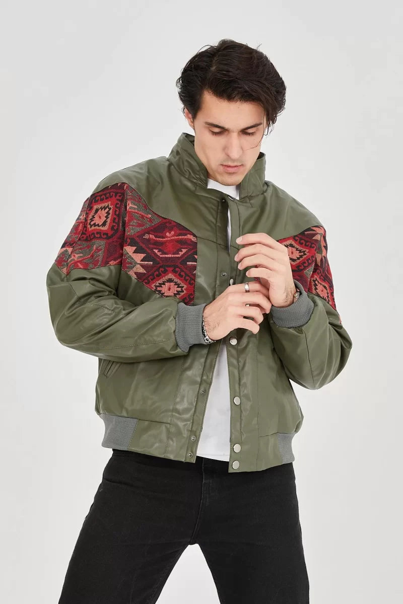 İçi Astarlı Peluş Yaka Vintage Ceket - Haki