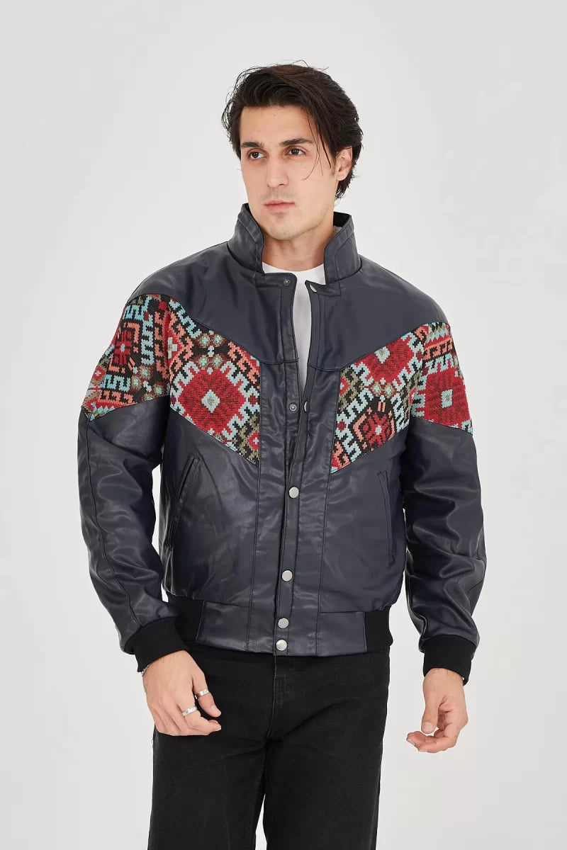 İçi Astarlı Peluş Yaka Vintage Ceket - Lacivert