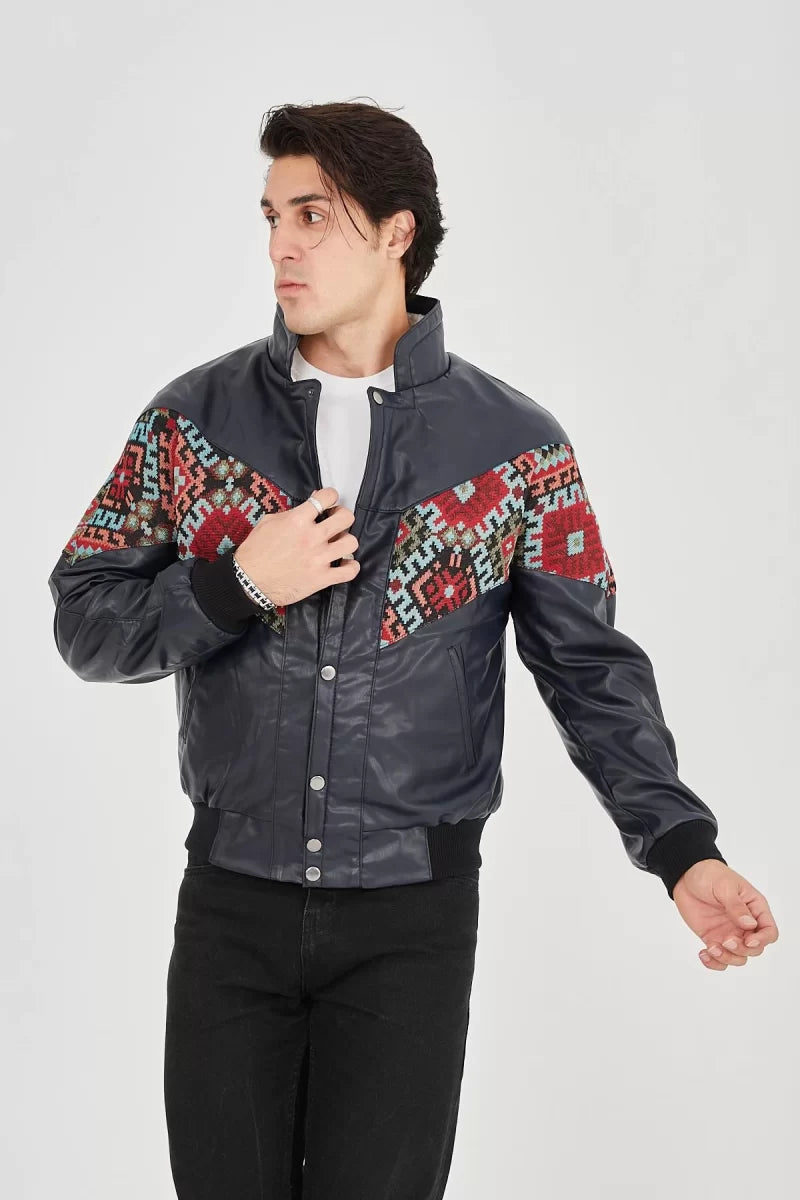 İçi Astarlı Peluş Yaka Vintage Ceket - Lacivert