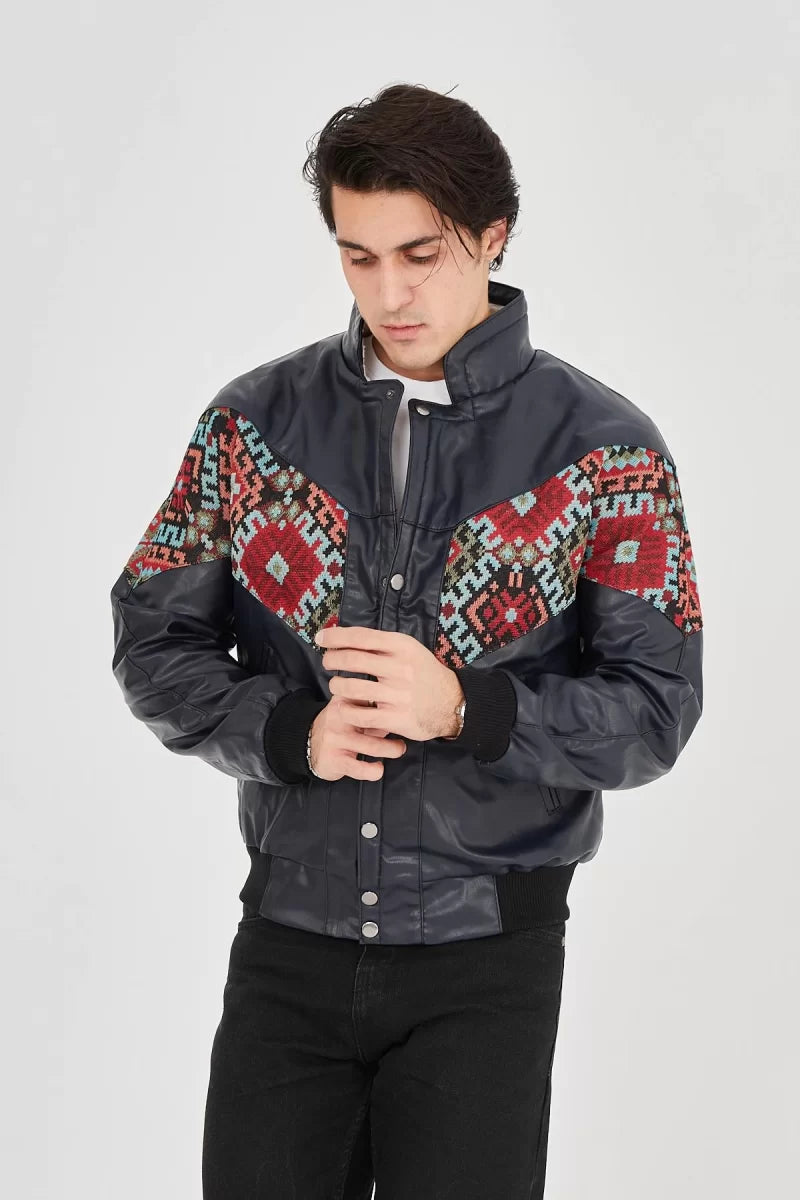 İçi Astarlı Peluş Yaka Vintage Ceket - Lacivert