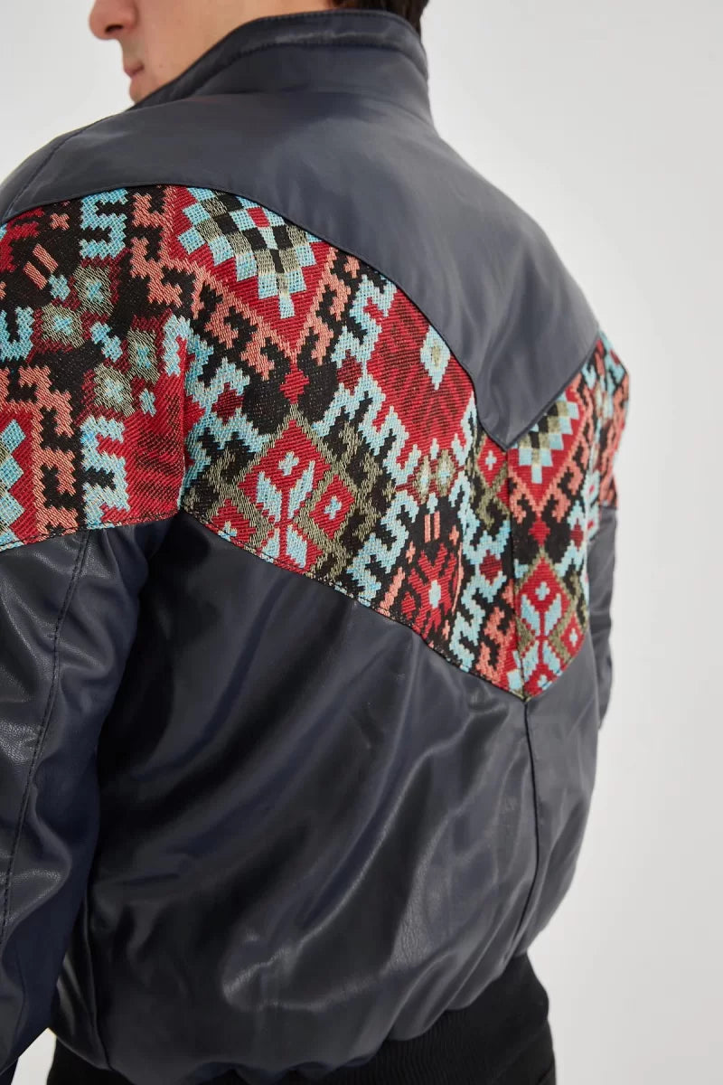 İçi Astarlı Peluş Yaka Vintage Ceket - Lacivert
