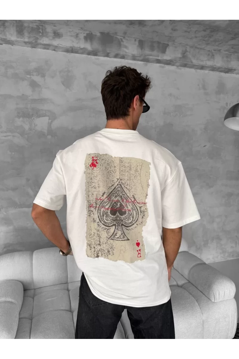Ön ve Arka Baskılı Oversize Bisiklet Yaka T-shirt - Beyaz