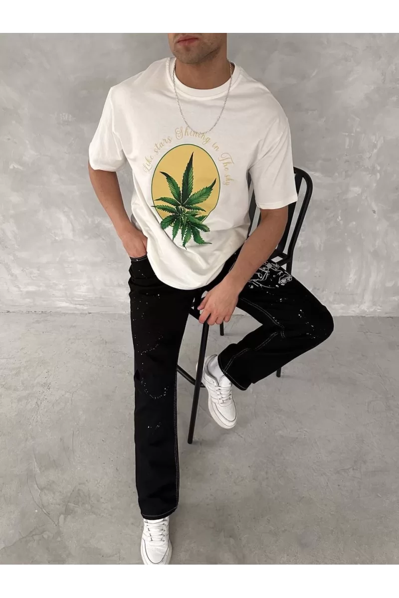 Ön ve Arka Baskılı Oversize Bisiklet Yaka T-shirt- Beyaz