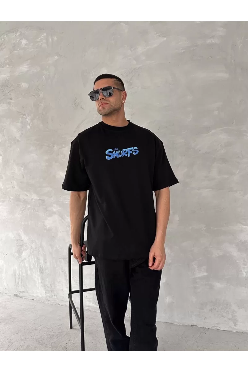 Ön ve Arka Baskılı Oversize Bisiklet Yaka T-shirt- Siyah