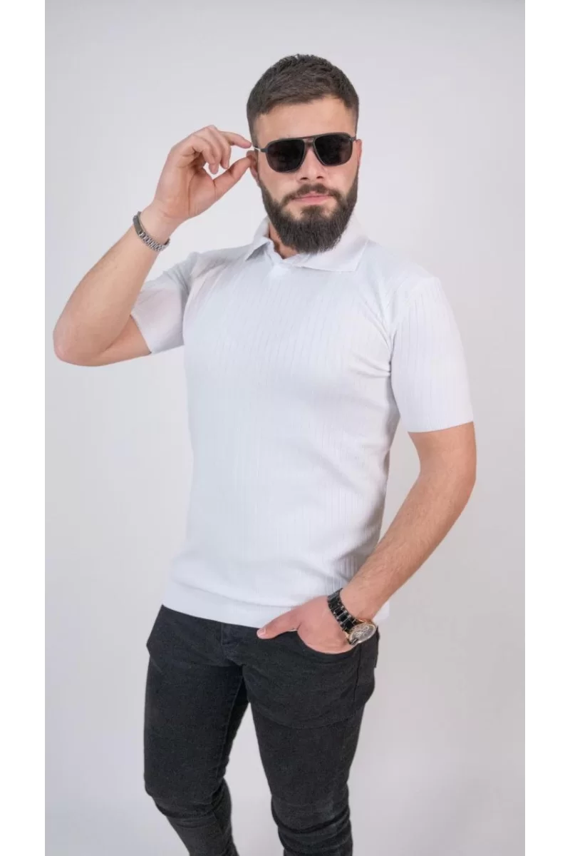 Triko Dokuma Yakalı T-shirt - Beyaz