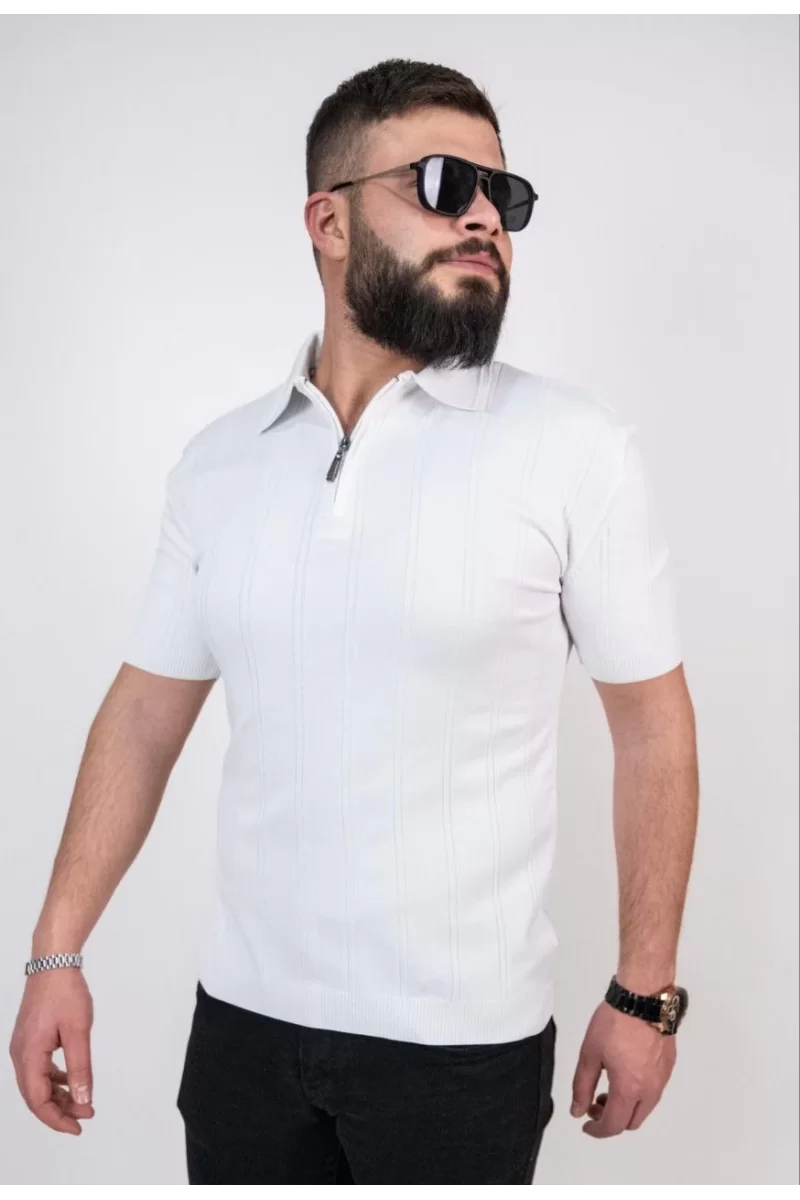 Triko Dokuma Yarım Fermuarlı Yakalı T-shirt - Beyaz