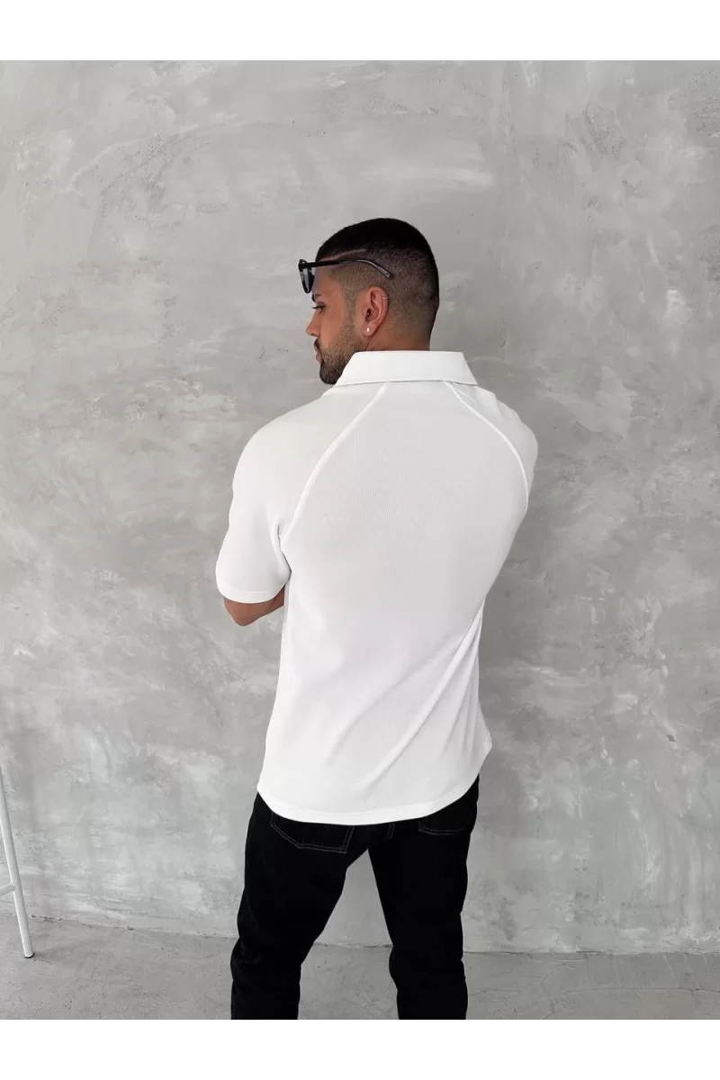 Yakalı Patlı Kısa Kol T-shirt - Beyaz