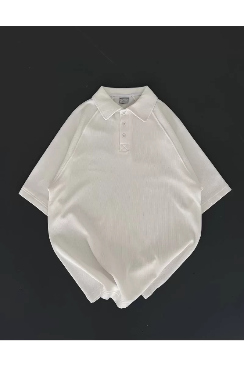 Yakalı Patlı Kısa Kol T-shirt - Beyaz
