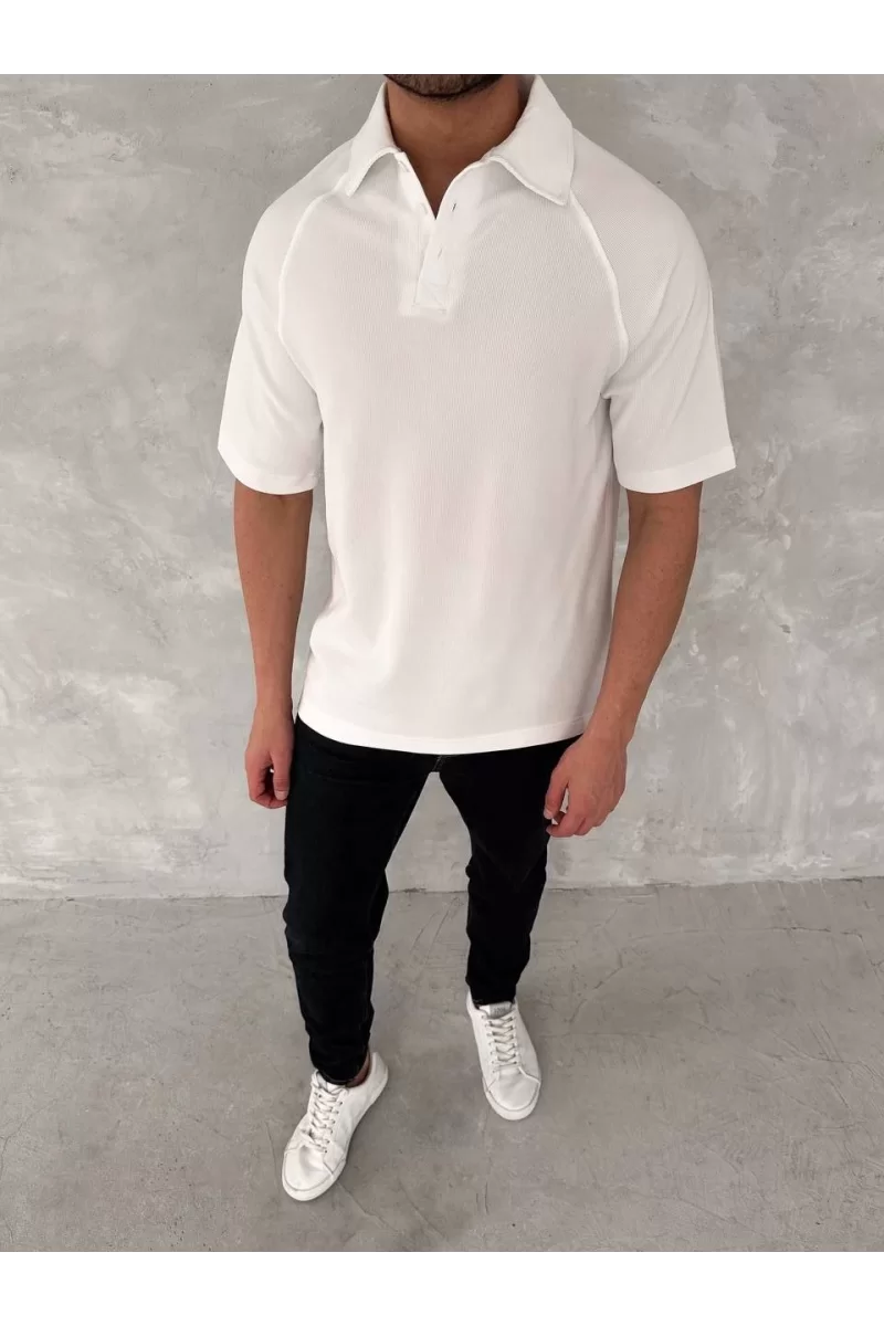 Yakalı Patlı Kısa Kol T-shirt - Beyaz