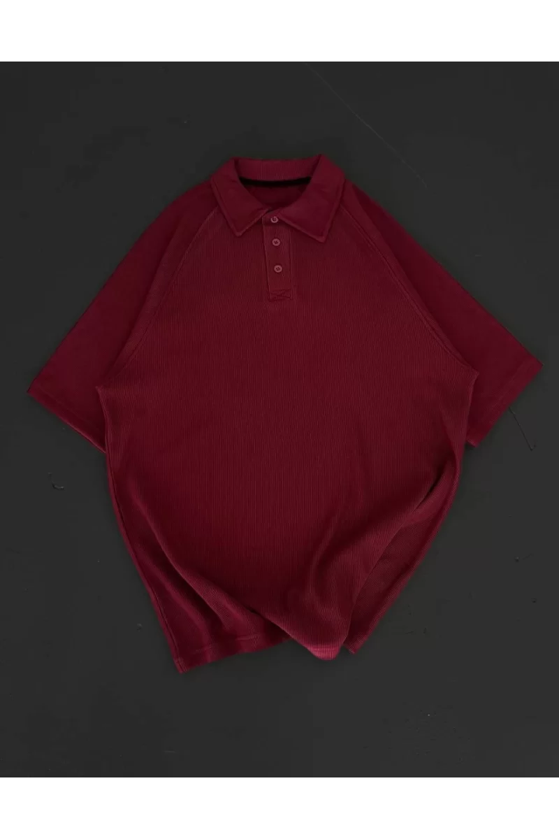 Yakalı Patlı Kısa Kol T-shirt - Bordo