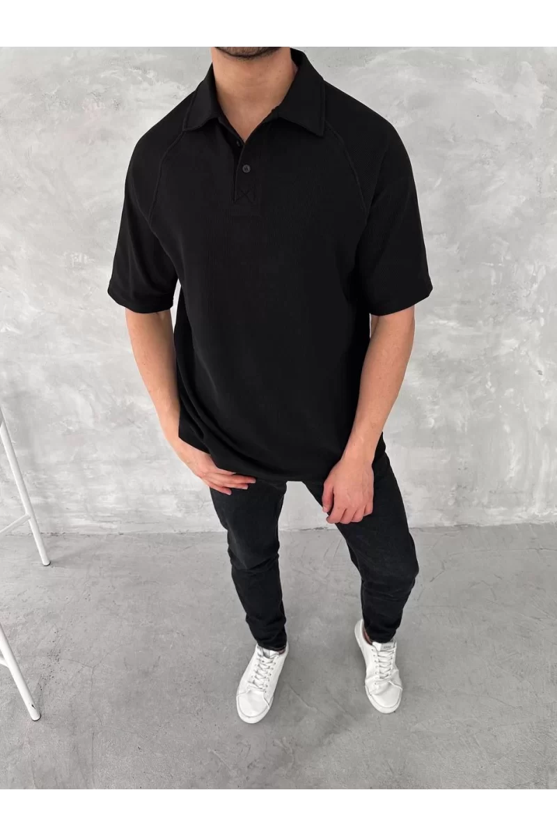 Yakalı Patlı Kısa Kol T-shirt - Siyah