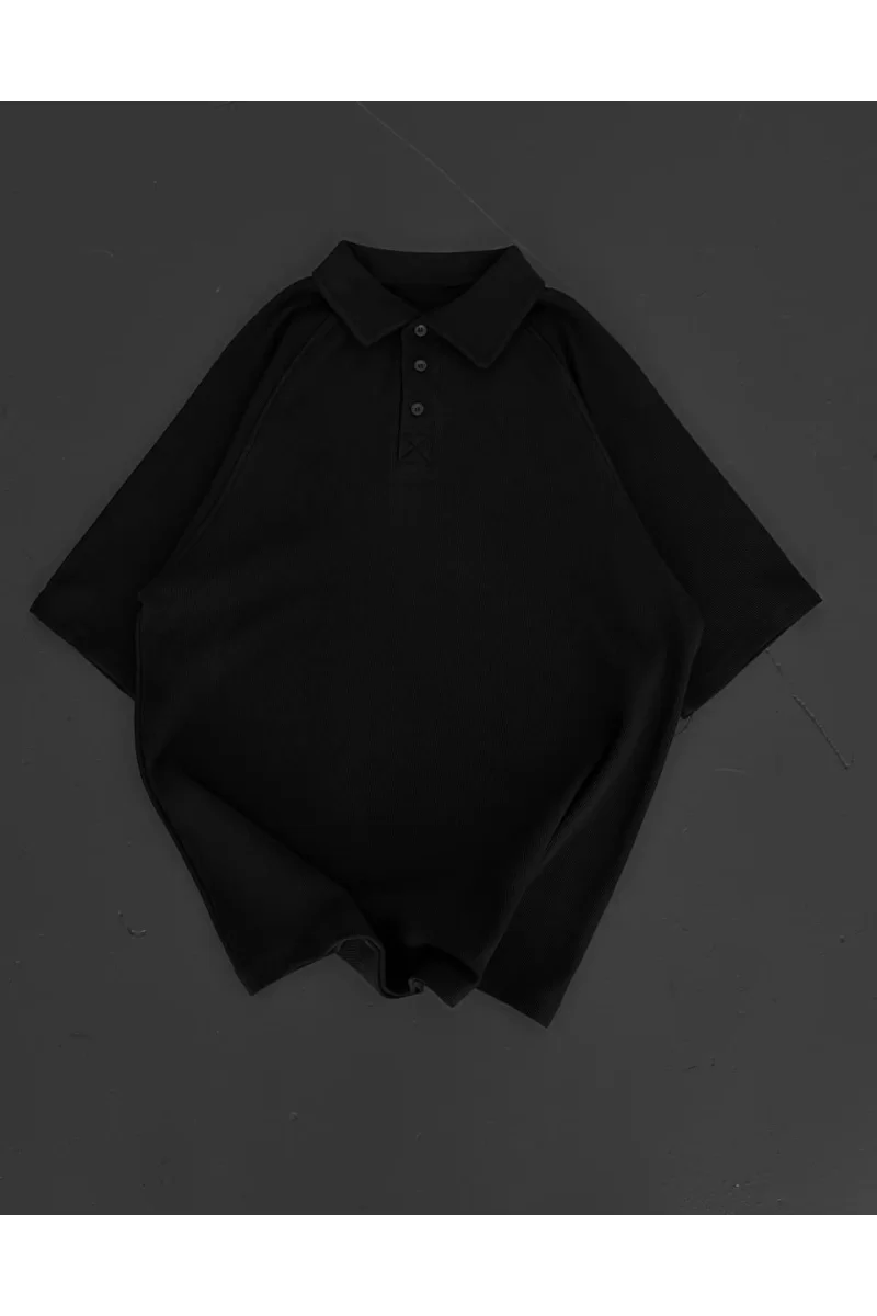 Yakalı Patlı Kısa Kol T-shirt - Siyah