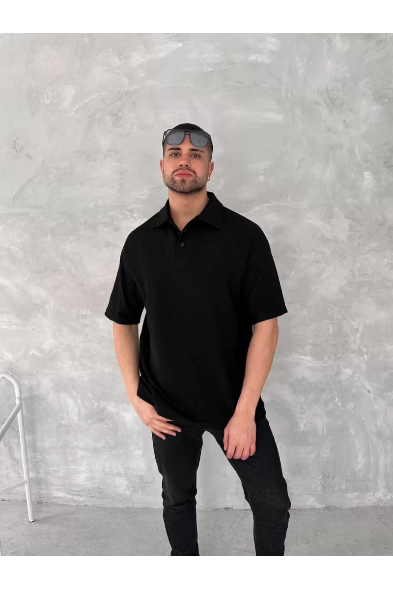 Yakalı Patlı Kısa Kol T-shirt - Siyah